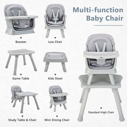 INFANS 8 in 1 Baby High Chair, Convertible Highchair for Babies and Toddlers, Infant Dining Booster Seat, Building Block Table, Kids Stool Table Chair Set with Removable Tray (Grey) INFANS