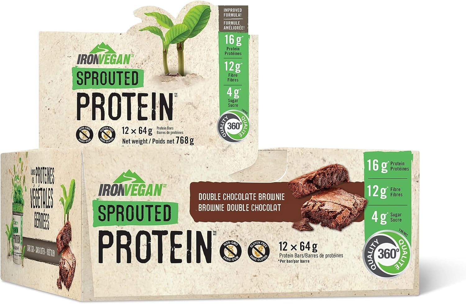Iron Vegan Sprouted Protein Bars – Double Chocolate Brownie – 12 Count