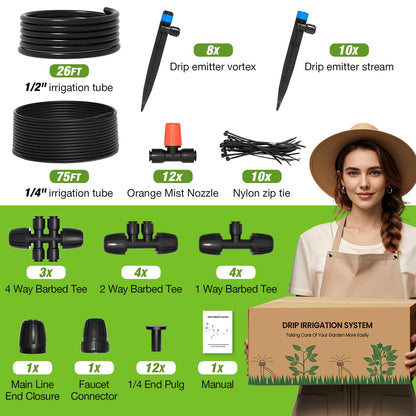 MIXC 101FT Drip Irrigation System, Easy to Setup Automatic Garden System with Anti-UV 1/4" & 1/2" Tubing - Water-Saving Adjustable Nozzles & Sprinklers for Patio, Greenhouse, Raised Bed, Potted Plants