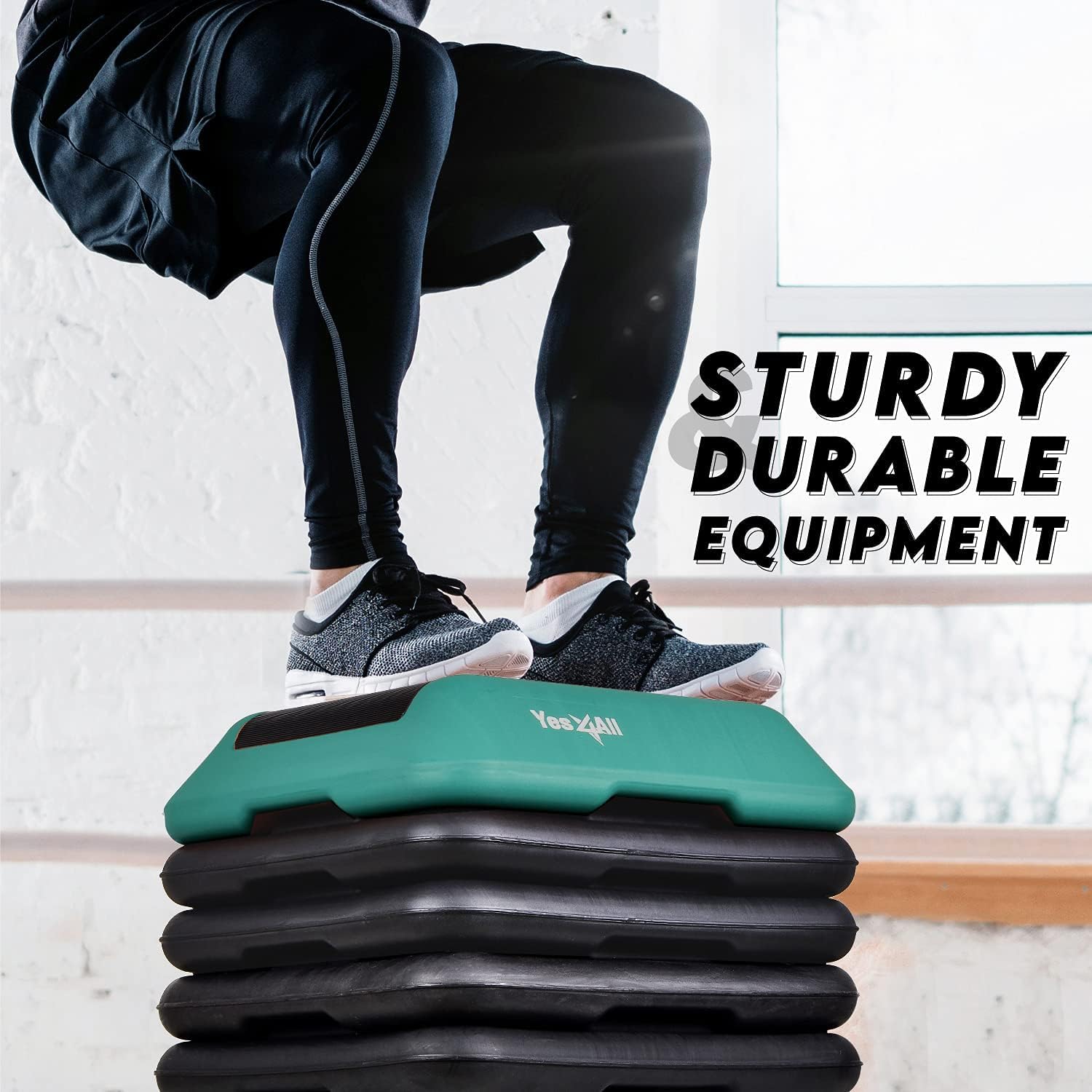 Yes4All High Arobic Step Platform & Stackable Risers - Adjustable 4"/6"/8"/10"/12" Height - Choose Full Step Platform Set or 2-Pack Stackable Risers, Customize for Cardio & Aerobic Exercise - 4 Risers, Black/Green YES4ALL