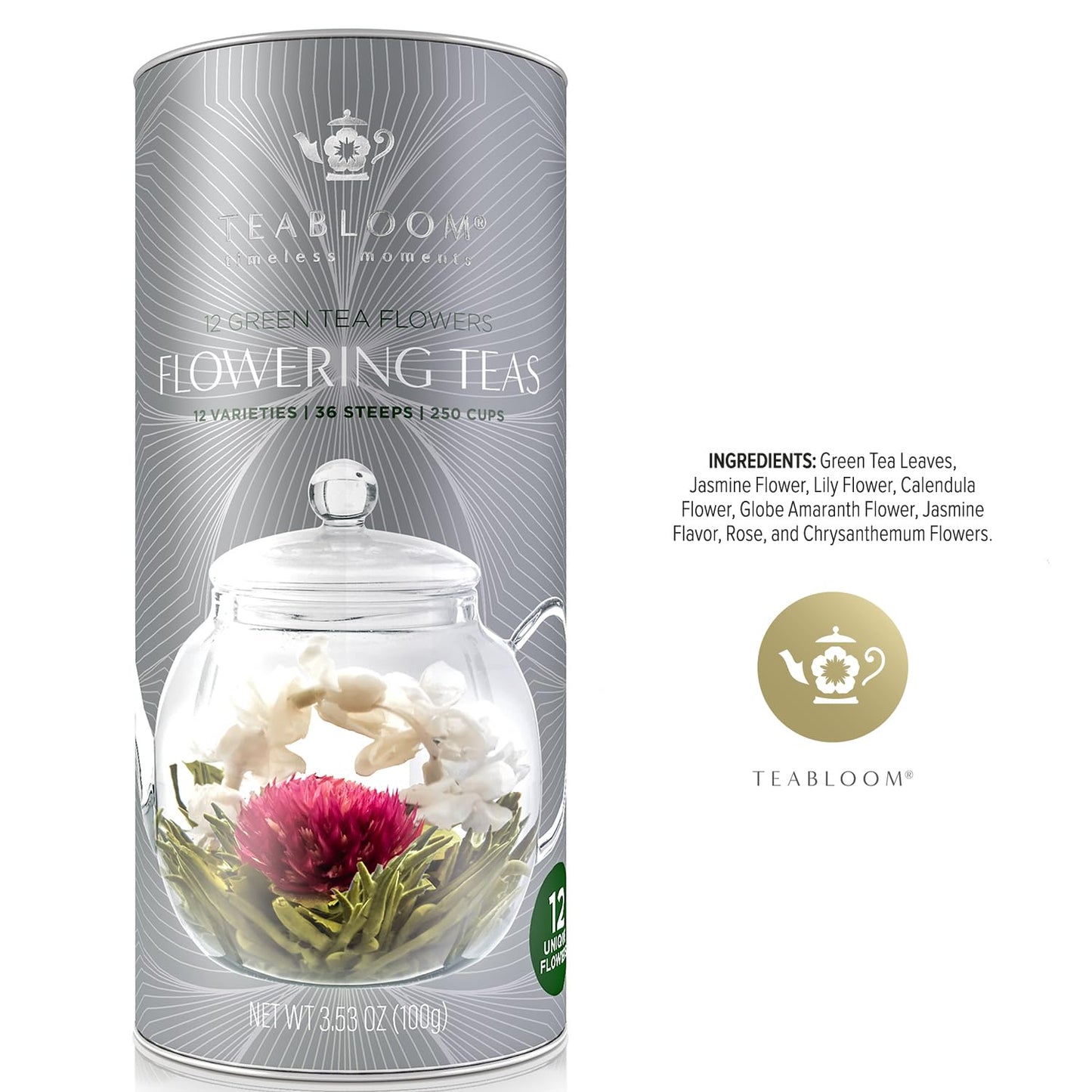 Teabloom Flowering Tea Gift Set - 12 Hand-Tied Blooming Tea Varieties - Green Tea with Edible Flowers - Premium Gift Canister - 36 Infusions, Up to 250 Cups
