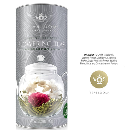 Teabloom Flowering Tea Gift Set - 12 Hand-Tied Blooming Tea Varieties - Green Tea with Edible Flowers - Premium Gift Canister - 36 Infusions, Up to 250 Cups