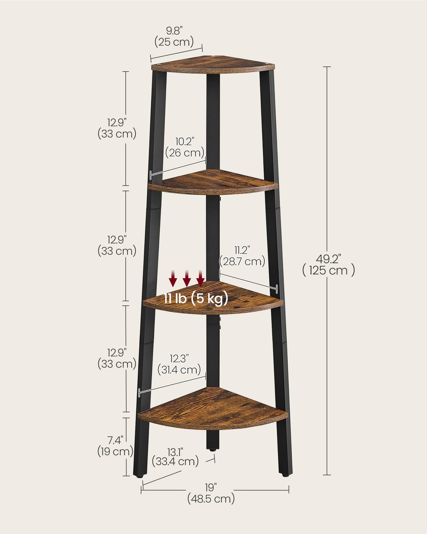 VASAGLE Corner Shelf Stand, 4-Tier Corner Bookshelf, Industrial Ladder Shelf, Plant Stand for Living Room, Office, Kitchen, Rustic Brown and Matte Black ULLS34X VASAGLE