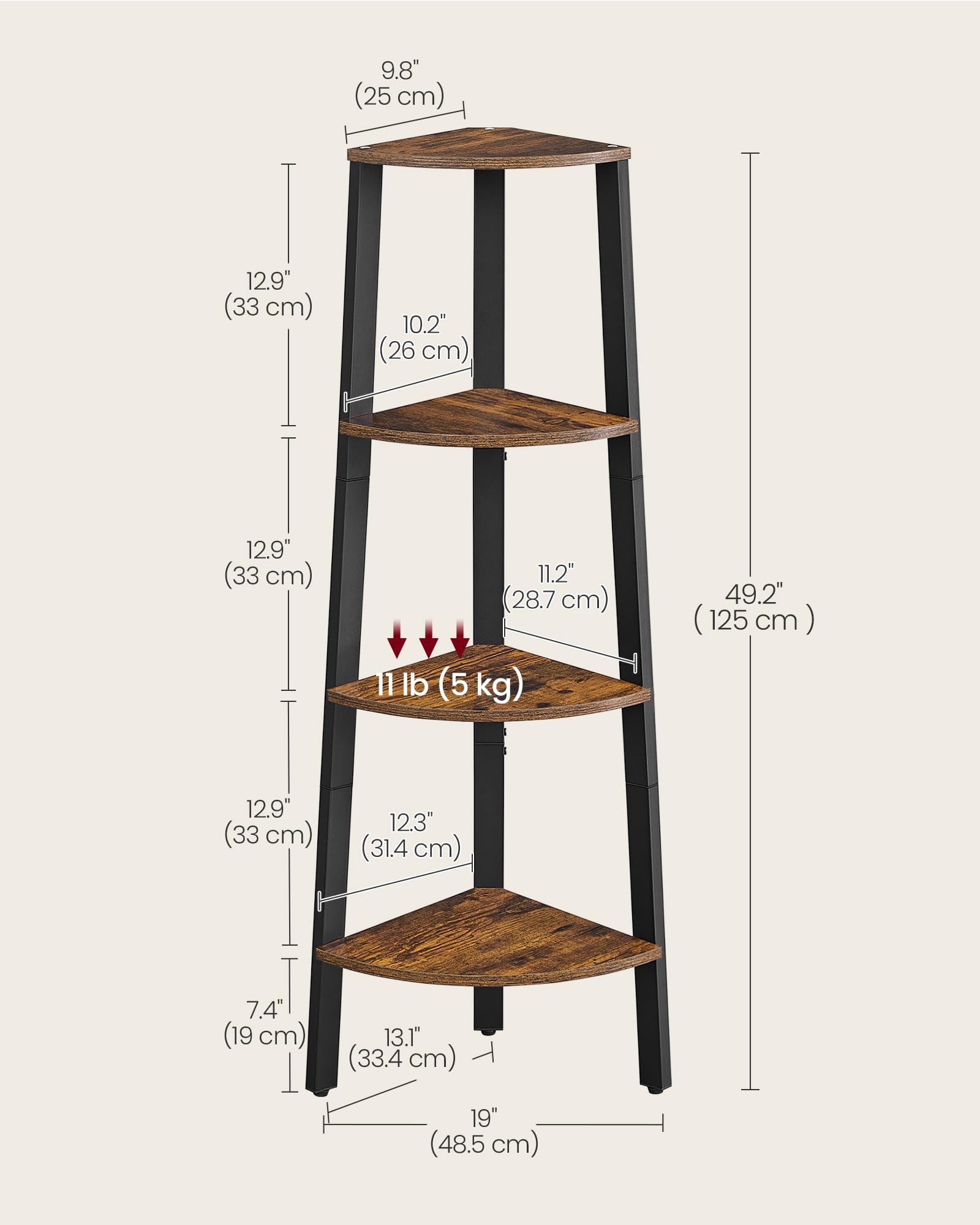 VASAGLE Corner Shelf Stand, 4-Tier Corner Bookshelf, Industrial Ladder Shelf, Plant Stand for Living Room, Office, Kitchen, Rustic Brown and Matte Black ULLS34X VASAGLE