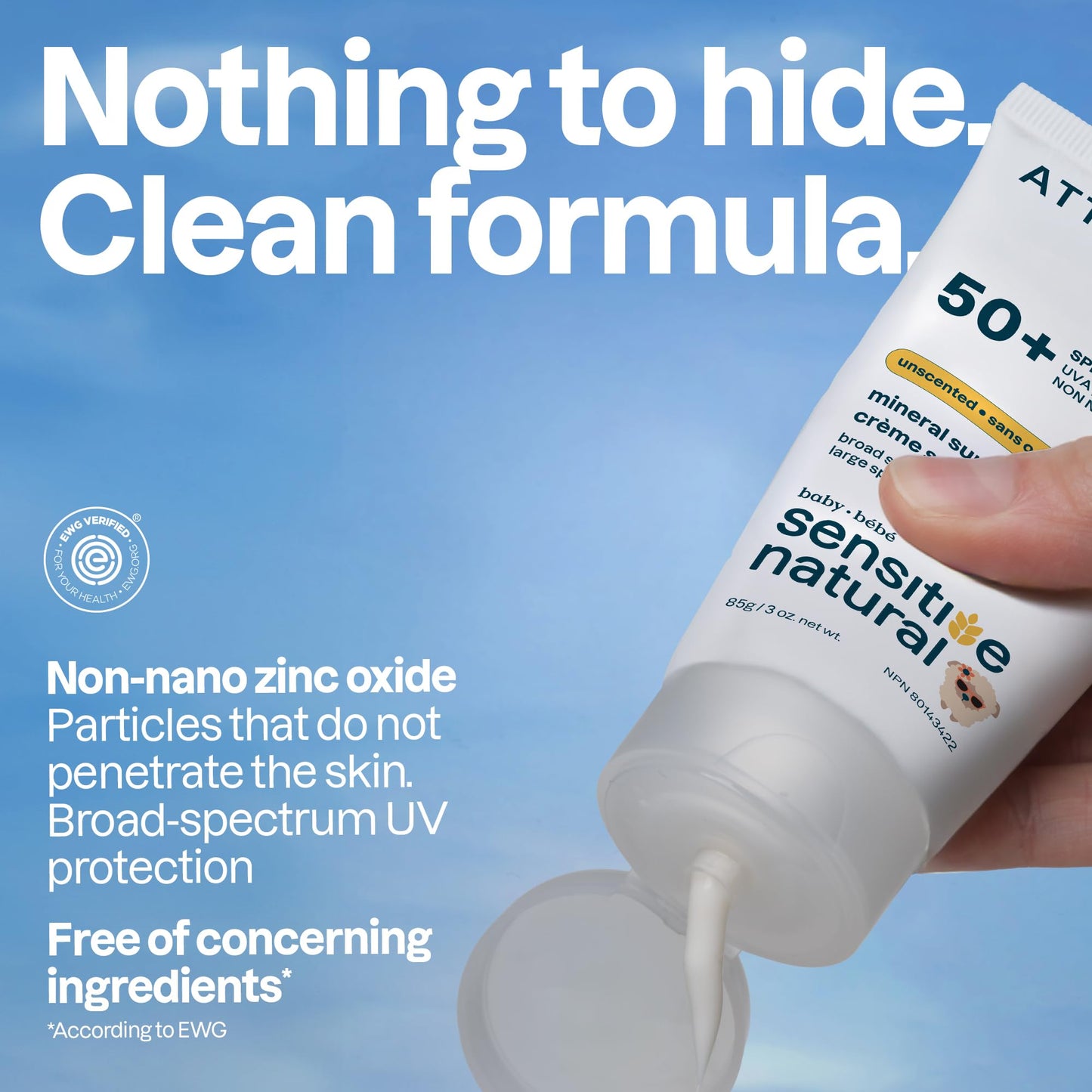 ATTITUDE Sensitive Skin Baby Mineral Sunscreen SPF 50, Broad Spectrum Zinc Oxide, EWG Verified, Mineral-Based, Non-Nano, Lightweight Cream for Face & Body, Unscented, 80 grams - Available at All In One Marketplace Canada