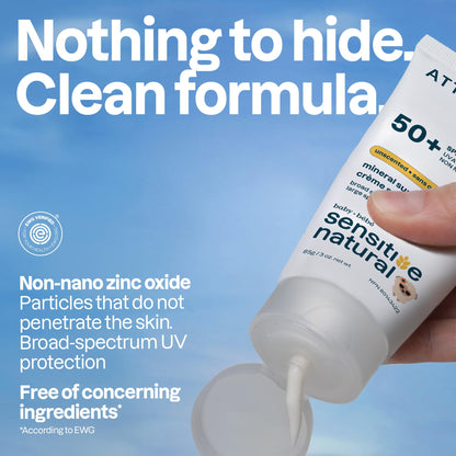 ATTITUDE Sensitive Skin Baby Mineral Sunscreen SPF 50, Broad Spectrum Zinc Oxide, EWG Verified, Mineral-Based, Non-Nano, Lightweight Cream for Face & Body, Unscented, 80 grams - Available at All In One Marketplace Canada