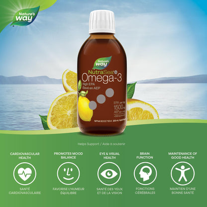 Nature's Way NutraSea HP Omega 3 High EPA Fish Oil Liquid Supplement for Adults and Kids 1+ – Lemon Flavour, Non-GMO – Heart & Brain Support – 1500mg EPA, 200 mL