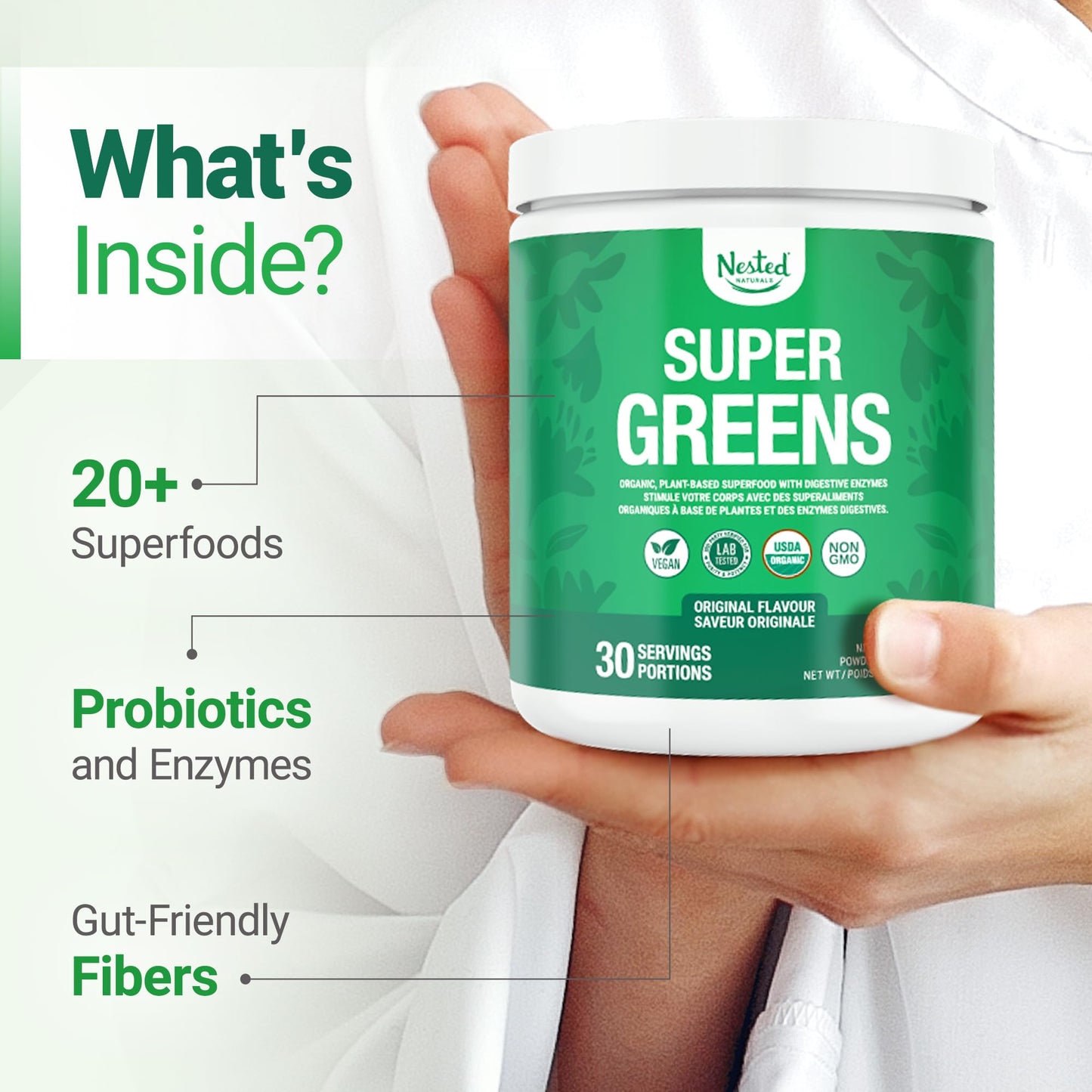 Nested Naturals Super Greens Powder - Organic Daily Greens Superfood Powder w/ 20+ Whole Foods, Spirulina, Wheat Grass & Barley Grass - Probiotics, Fiber & Enzymes - USDA Certified Organic, Original Flavour, 30 Servings - Available at All In One Marketplace Canada