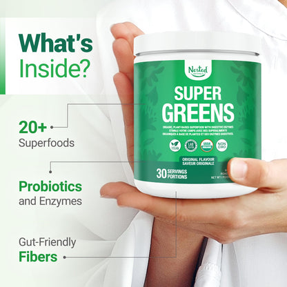 Nested Naturals Super Greens Powder - Organic Daily Greens Superfood Powder w/ 20+ Whole Foods, Spirulina, Wheat Grass & Barley Grass - Probiotics, Fiber & Enzymes - USDA Certified Organic, Original Flavour, 30 Servings - Available at All In One Marketplace Canada