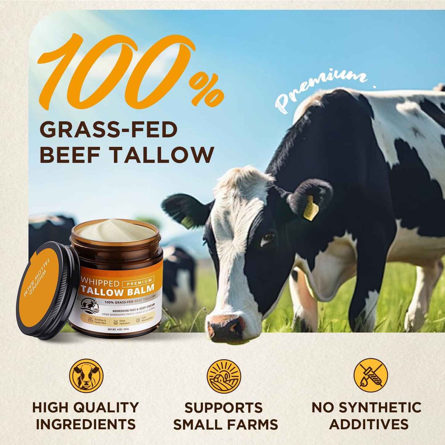 Beef Tallow Skincare Moisturizer for Face: 100% Grass-Fed Beef Tallow Balm - All Natural Tallow Face Cream Soft Smooth for Eczema and Dry Skin 4oz - Available at All In One Marketplace Canada
