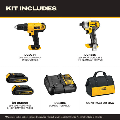 DEWALT 20V Max Cordless Drill Combo Kit, 2-Tool (DCK240C2),Yellow/Black Drill Driver/Impact Combo Kit - Available at All In One Marketplace Canada