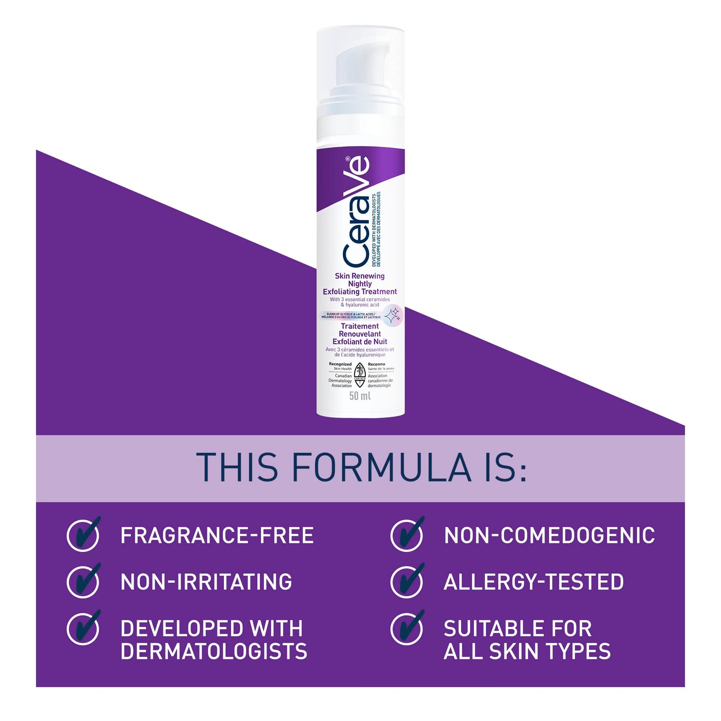 CeraVe Skin Renewing Nightly Exfoliating Treatment for Healthy Aging, Fine Lines, Wrinkles, Dullness and Pores. Face Serum with Glycolic Acid, Hyaluronic Acid & Ceramides, Fragrance-Free, 50ml - Available at All In One Marketplace Canada