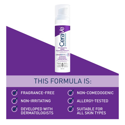 CeraVe Skin Renewing Nightly Exfoliating Treatment for Healthy Aging, Fine Lines, Wrinkles, Dullness and Pores. Face Serum with Glycolic Acid, Hyaluronic Acid & Ceramides, Fragrance-Free, 50ml - Available at All In One Marketplace Canada