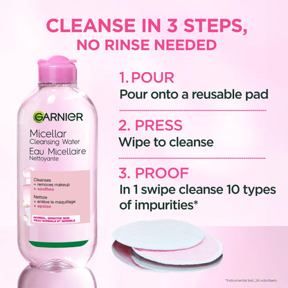 Garnier Micellar Water, Gentle and Hydrating Facial Cleanser & Makeup Remover, Suitable for Sensitive Skin, Vegan, Cruelty Free, Fragrance Free, 700ml