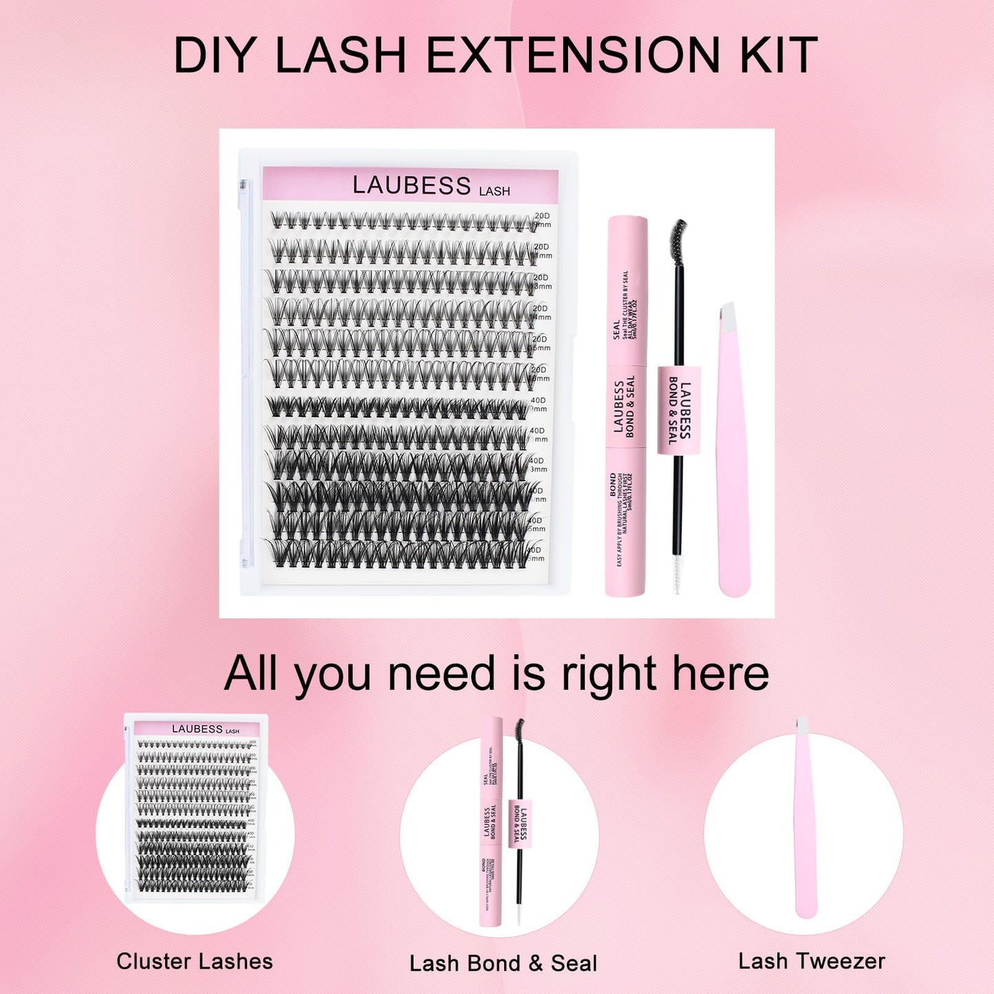 Lash Extension Kit 20D+40D Clusters With Bond and Seal - Waterproof DIY Eyelash Extension Set With Tweezers (Set 20D/40D-0.07D-9-16Mix)