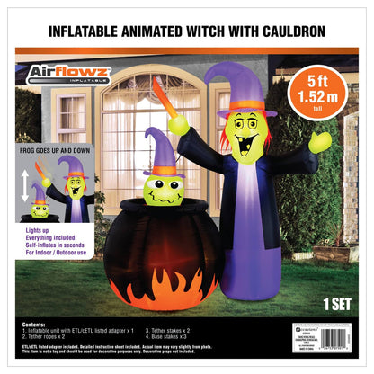 Sorcière gonflable animée d'Halloween Occasions avec chaudron de 1,5 mètre