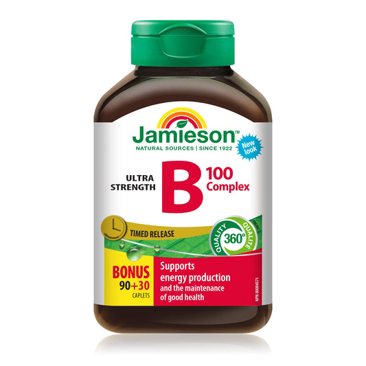 Jamieson Vitamin B100 Complex Caplets, Timed Released, Ultra Strength, Naturally Energizing, and Supports Metabolism. Vegetarian, Non-GMO, Gluten-Free, 120 Count, Proudly Canadian - Available at All In One Marketplace Canada