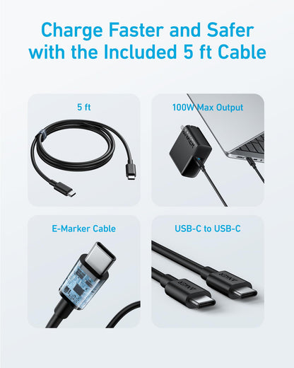 Anker MacBook Charger, Compact and Foldable 100W USB C Charger for MacBook Air, Samsung Galaxy, iPad Pro, and More, 5FT USB C Cable Included