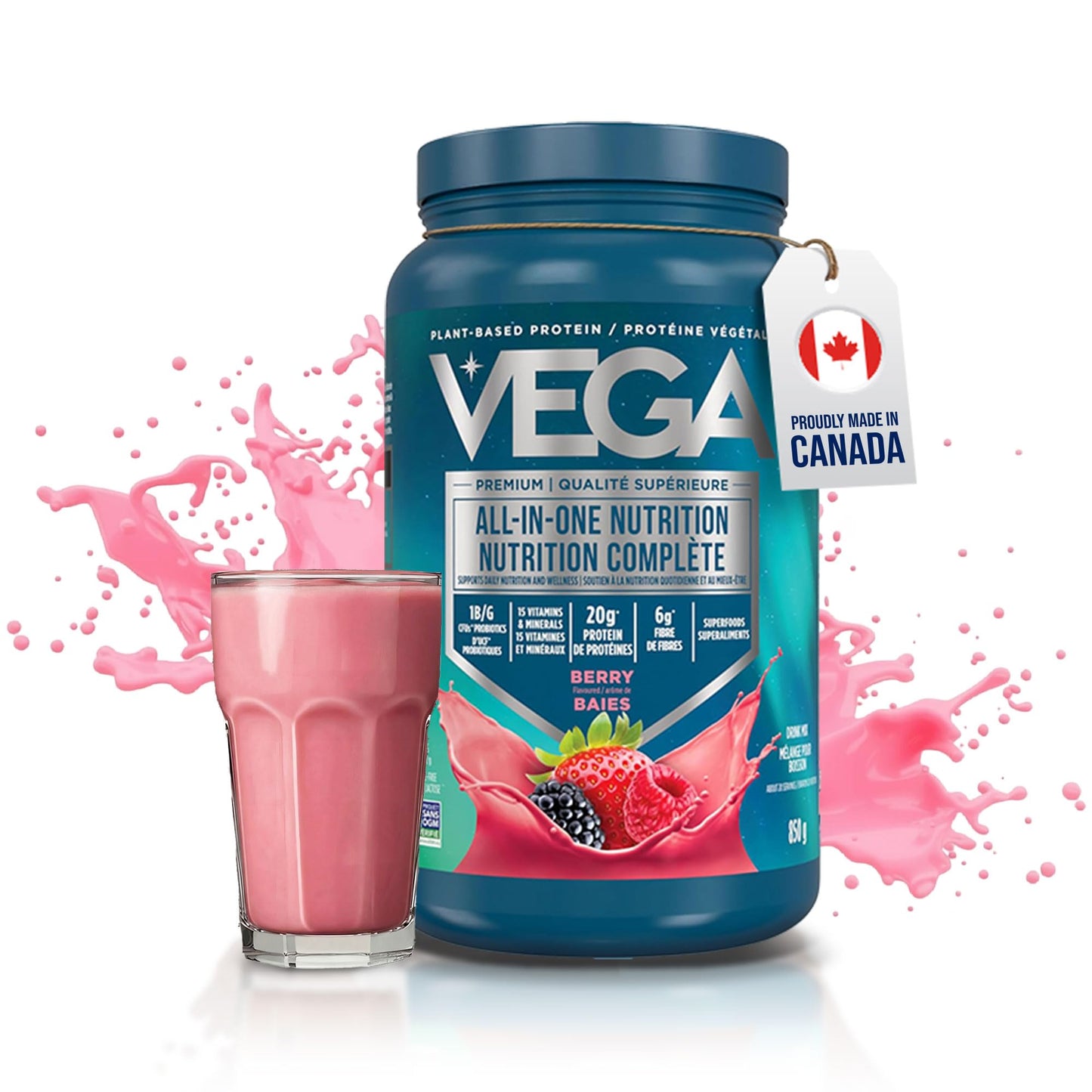 Vega Premium All-in-One Nutrition Protein Powder – 20g Plant-Based Vegan Protein, Vitamins & Probiotics, Berry, 850g (20 Servings)