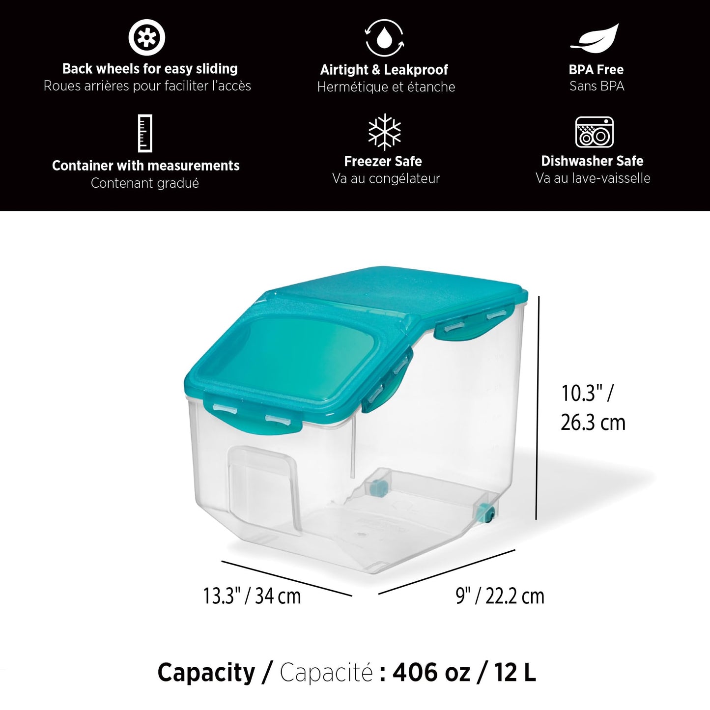 Starfrit LocknLock Plastic Pantry Container with Wheels - 406oz/12L - Airtight - 4-Sided Locking Flip-Top Lid