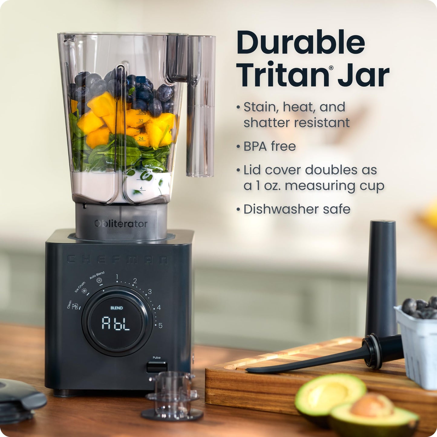 Chefman Obliterator 48 oz Countertop Blender for Smoothies, 1380W Motor to Crush Ice, Nuts, and Frozen Fruit with Stainless Steel Blade, Auto Blend Function, Includes 20 oz Travel Jar - Midnight 🍁 All In One Marketplace Canada Chefman