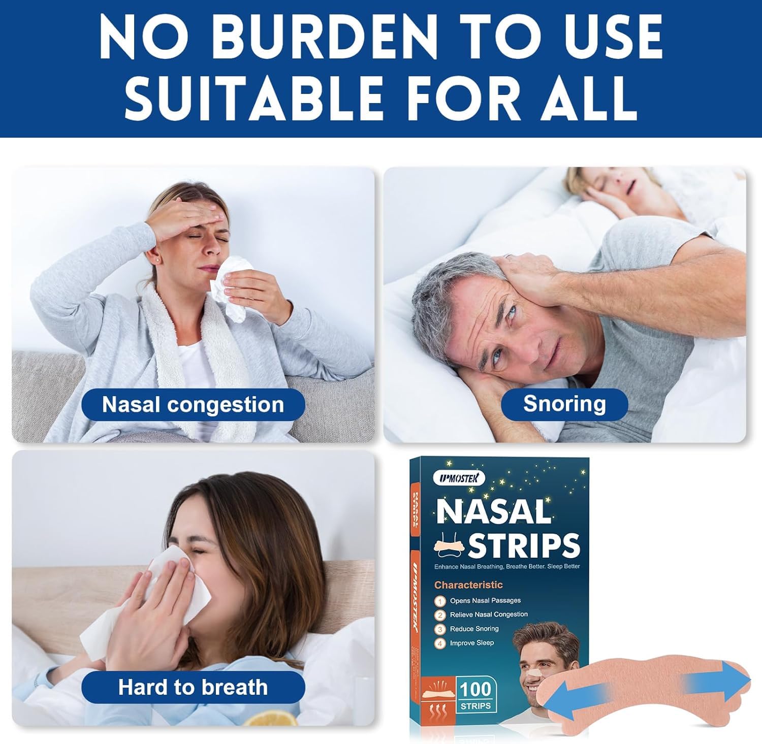 100Pcs Nasal Strips for Snoring, Extra Strength Nose Strips Breathing, Nose Tape for Sports and Sleep, Anti Snoring Strips Help Stop Snoring,Keep your nose open and comfortable - Available at All In One Marketplace Canada