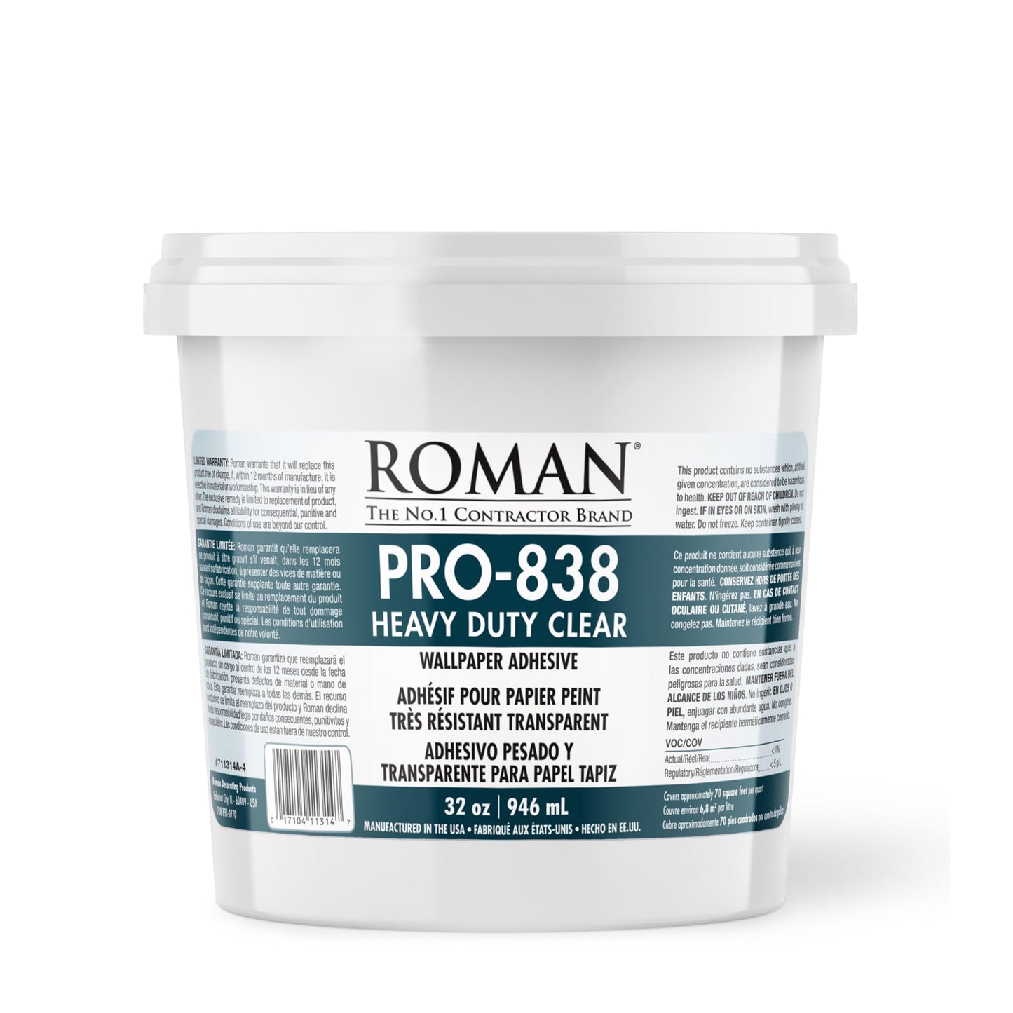 Roman Products Heavy Duty Wallpaper Adhesive, Commercial Grade for Heavy Wall Hangings, Clear, PRO-838 (32 Ounce - 70 sq. ft.), 11314 Roman