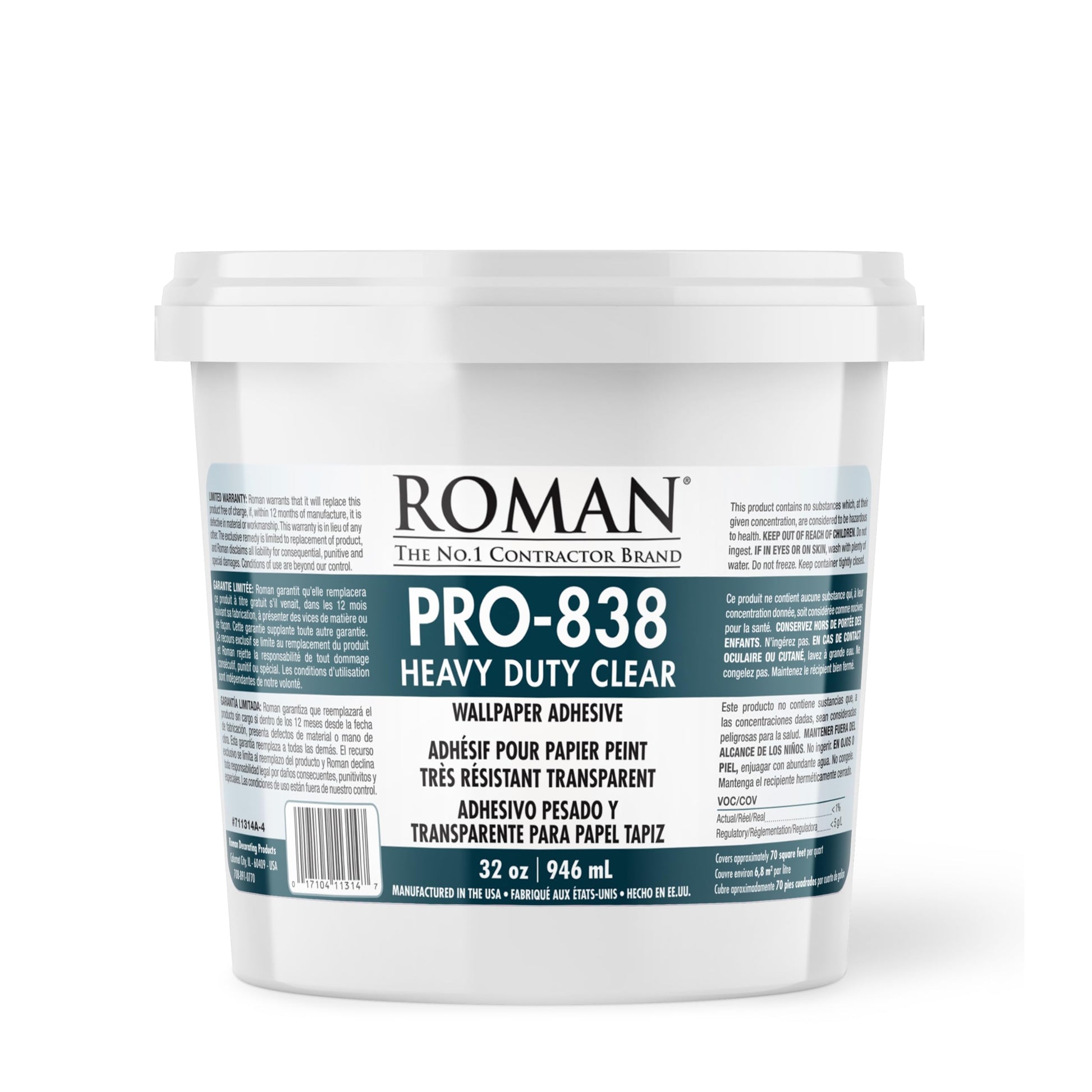 Roman Products Heavy Duty Wallpaper Adhesive, Commercial Grade for Heavy Wall Hangings, Clear, PRO-838 (32 Ounce - 70 sq. ft.), 11314 Roman