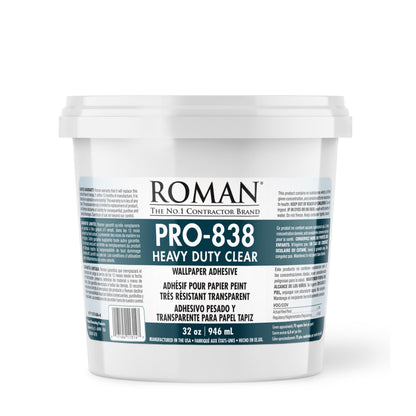 Roman Products Heavy Duty Wallpaper Adhesive, Commercial Grade for Heavy Wall Hangings, Clear, PRO-838 (32 Ounce - 70 sq. ft.), 11314 Roman