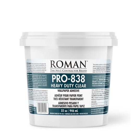 Roman Products Heavy Duty Wallpaper Adhesive, Commercial Grade for Heavy Wall Hangings, Clear, PRO-838 (32 Ounce - 70 sq. ft.), 11314 Roman
