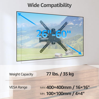 MOUNTUP TV Wall Mounts for Most 26-60 Inches TVs, Full Motion TV Bracket with Swivel and Extension, Articulating Arms, Tilt, Leveling, Single Stud Design, Max VESA 400x400mm up to 77lbs, MU0009