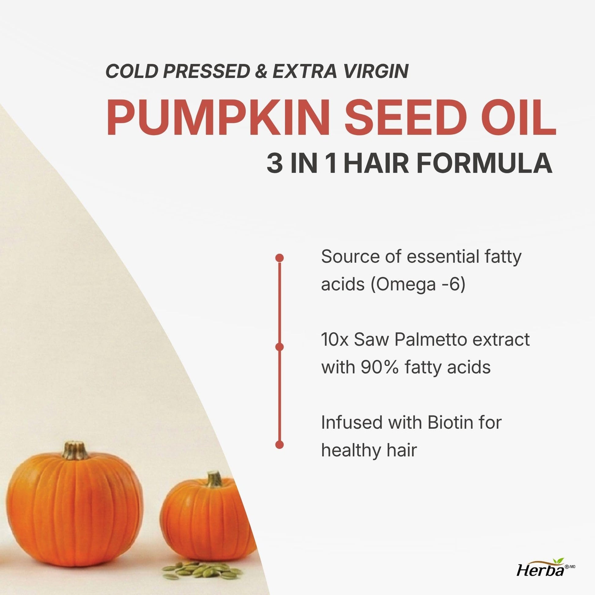 Herba Pumpkin Seed Oil Capsules for Hair - 90 Softgels | 3 in 1 with Saw Palmetto and Biotin | Cold Pressed, Extra Virgin, and Non GMO | Made in Canada - Available at All In One Marketplace Canada