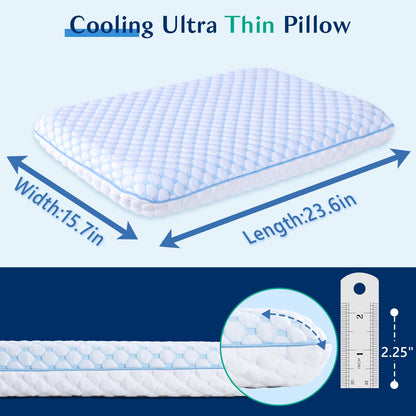 Ultra Thin Pillow for Sleeping- Cooling Gel Flat Pillow for Stomach and Back Sleepers, Slim Stomach Sleeping Pillows, Low Profile Memory Foam Pillows with Washable Cover - Available at All In One Marketplace Canada