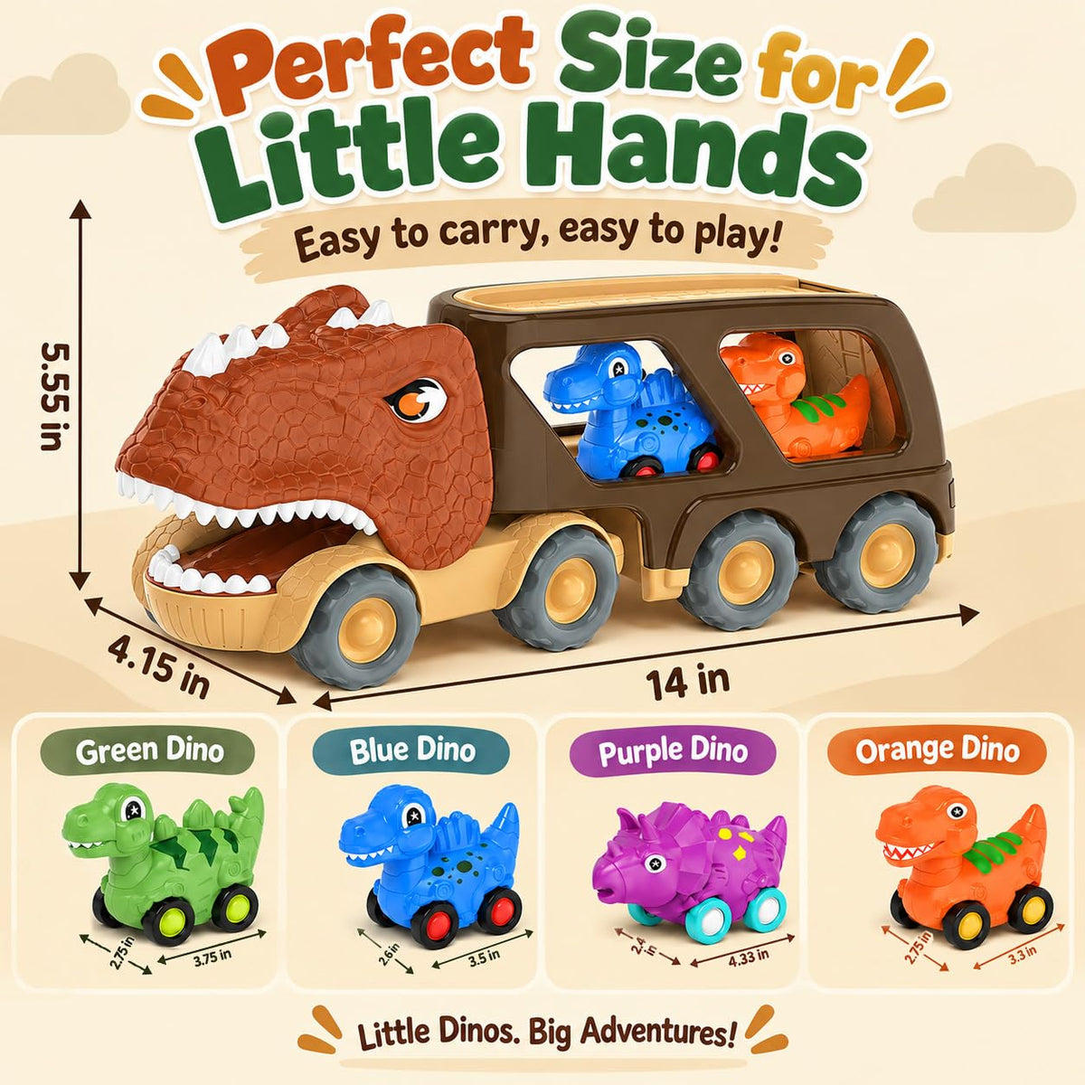 Dinosaur Truck Toy Car for Kids, Friction Power Carrier Vehicle with 4 Pack Small Pull Back Dino Car, Christmas Birthday Gift for 18M+ 2 3 4 5 Years Old Boys Toddlers 🍁 All In One Marketplace Canada
