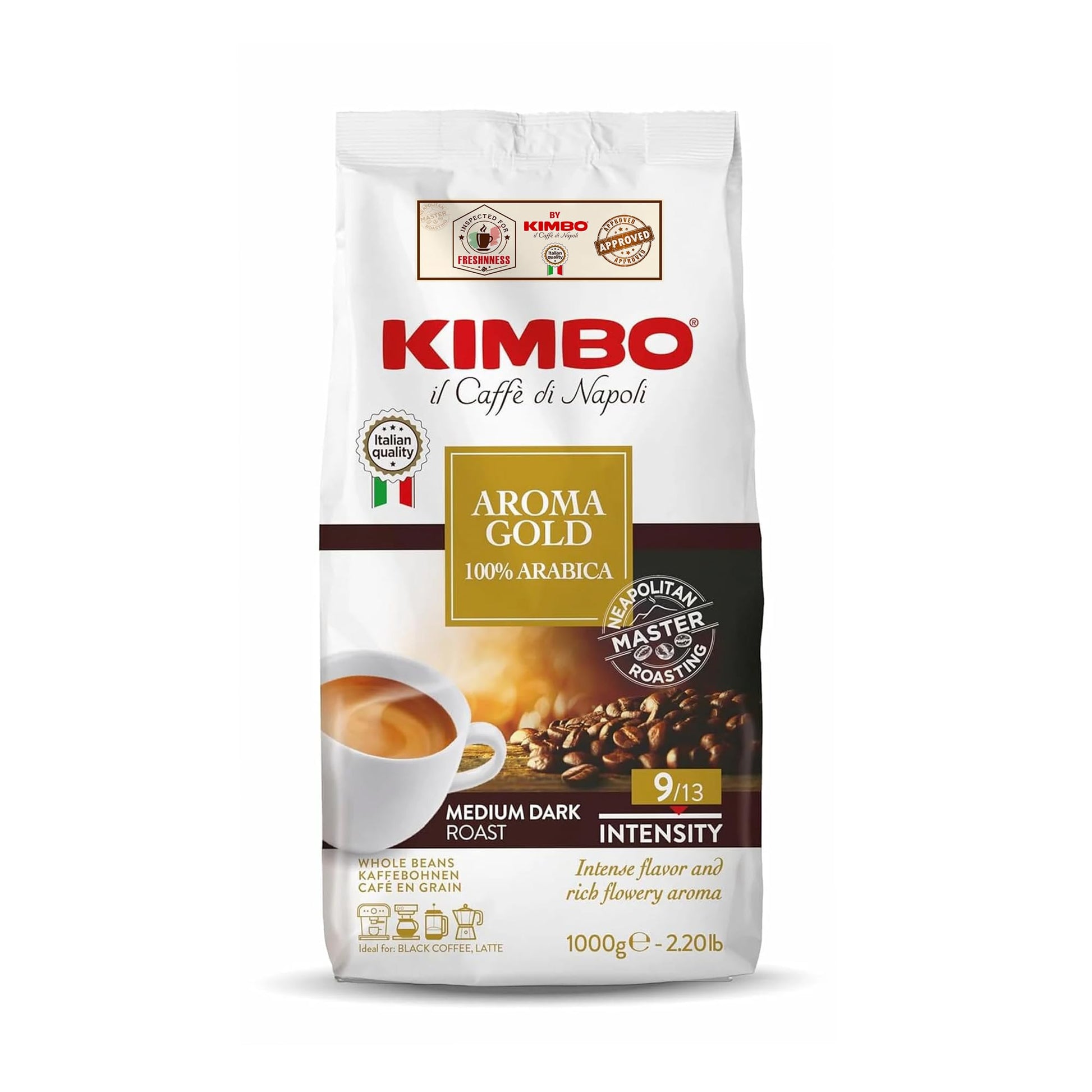 Kimbo Aroma Gold Whole Bean Coffee | Medium-Dark Roast, Intensity 9/13 | 100% Arabica | Italian Roasted & Blended | 1 kg Bag