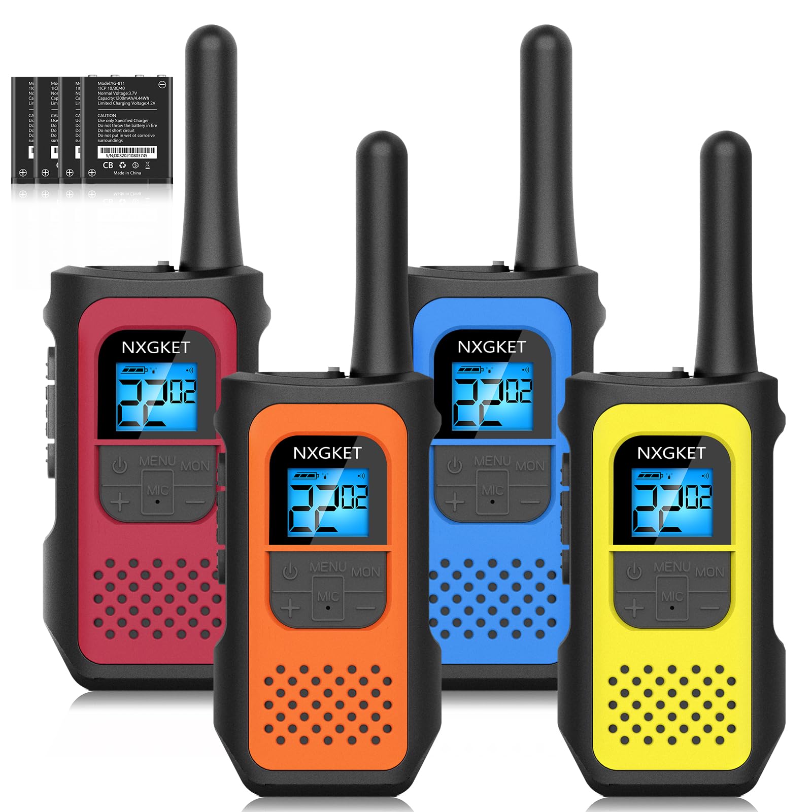 NXGKET Walkie Talkies for Kids Adults, Rechargeable Long Range Walky Talky 2 Way Radios 22 Channels with 1200mAh Li-ion Battery USB-C Cable for Family Outdoors Camping Hiking Toys Gift 4 Pack