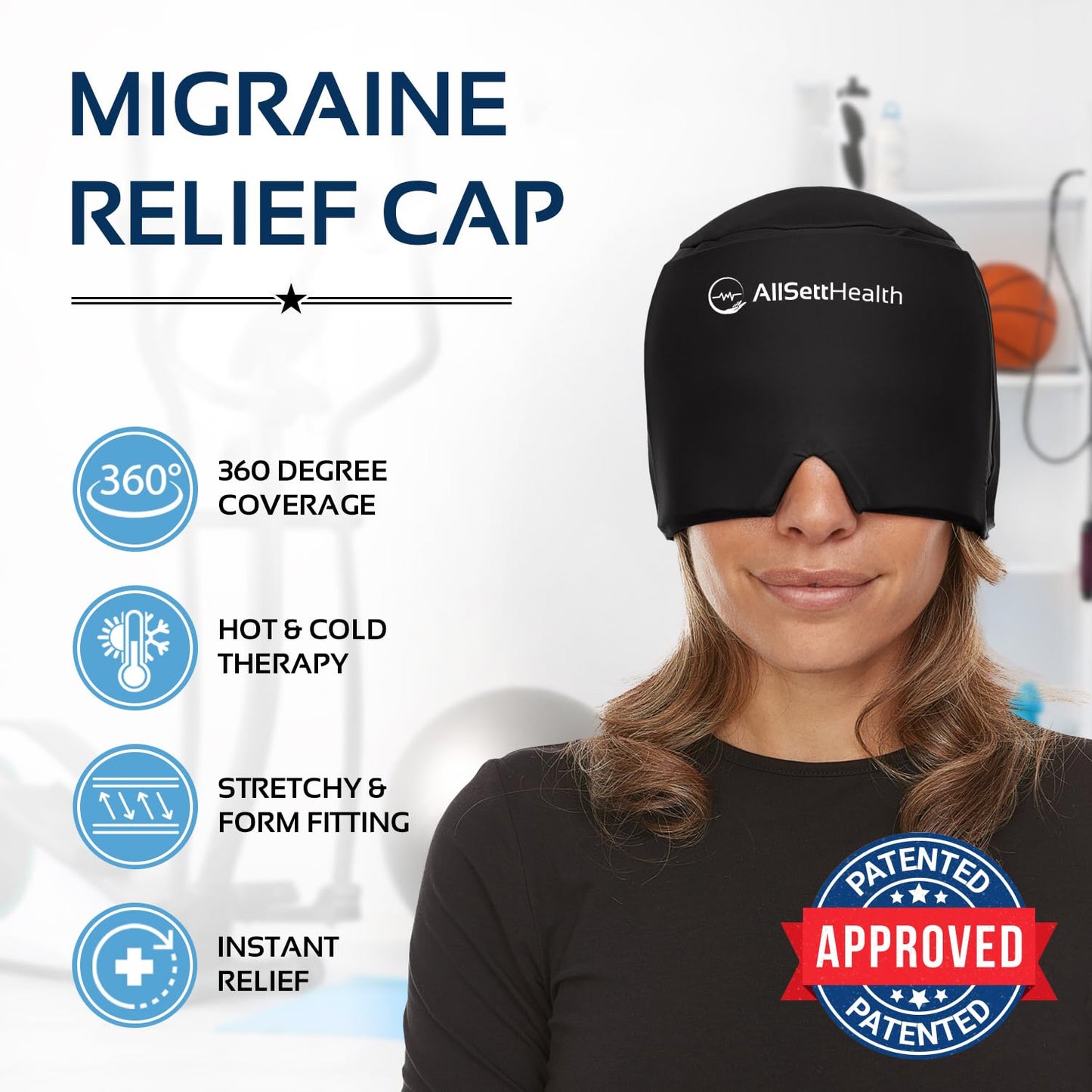 AllSett Health Headache Migraine Relief Cap - Cold Headache Hat for Migraine | Patented Headache Mask & Migraine Hat -Hot and Cold Therapy Cap for Puffy Eyes, Tension, Sinus and Stress Relief