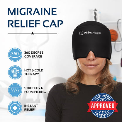 AllSett Health Headache Migraine Relief Cap - Cold Headache Hat for Migraine | Patented Headache Mask & Migraine Hat -Hot and Cold Therapy Cap for Puffy Eyes, Tension, Sinus and Stress Relief