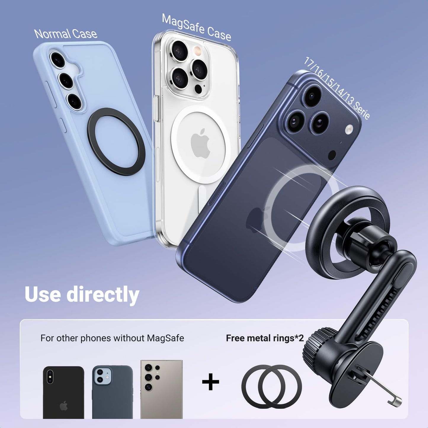 UGREEN Magsafe Phone Mount for Car, Not Blocking Air Vent, with 2 Metal Rings for All Phones Strengthen Magnetic Car Phone Holder Compatible with iPhone 17 16 15 Pro Max 14 13 12 Pro Mini MagSafe Case