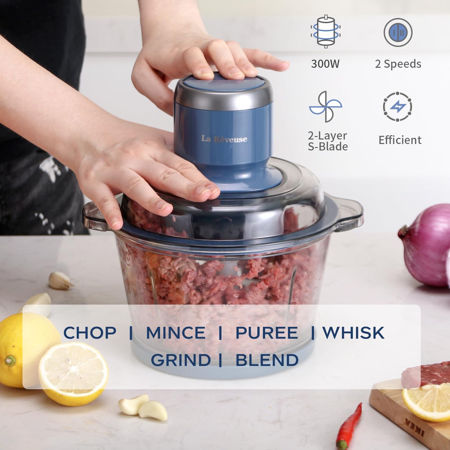 La Reveuse Food Processor,Electric Food Chopper with 7-Cup (1.7L) Glass Bowl, 4 Bi-Level Blades for Chopping,Grinding,Mincing,Whisking,Meal Prep,300W,Blue - Available at All In One Marketplace Canada