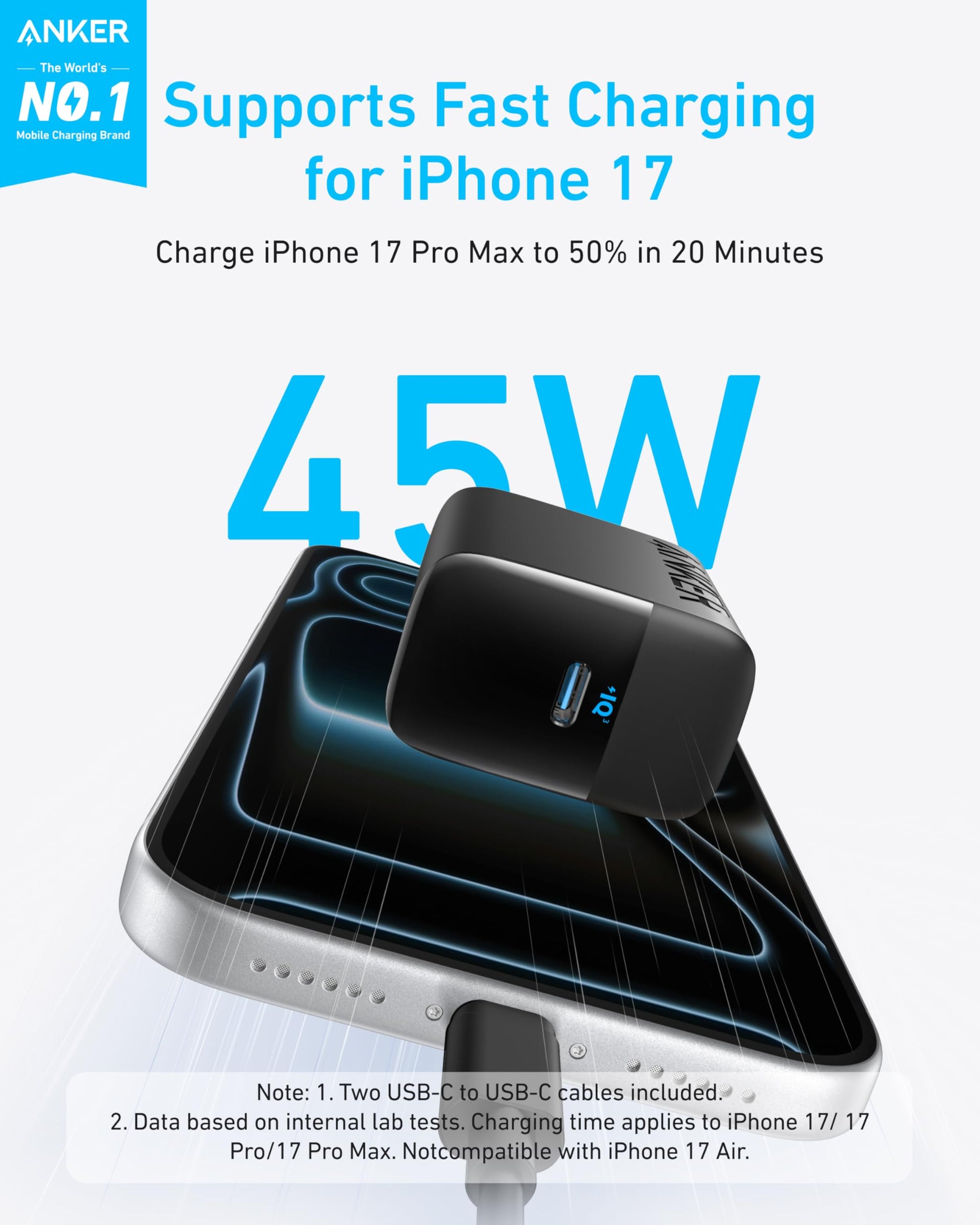 Anker 45W USB C Charger Block, PPS Fast Charger with USB-C Cable for iPhone 17/16/15 and More Series, iPad, Galaxy S24 Ultra (2-Pack 5 ft Cable Included) - Available at All In One Marketplace Canada