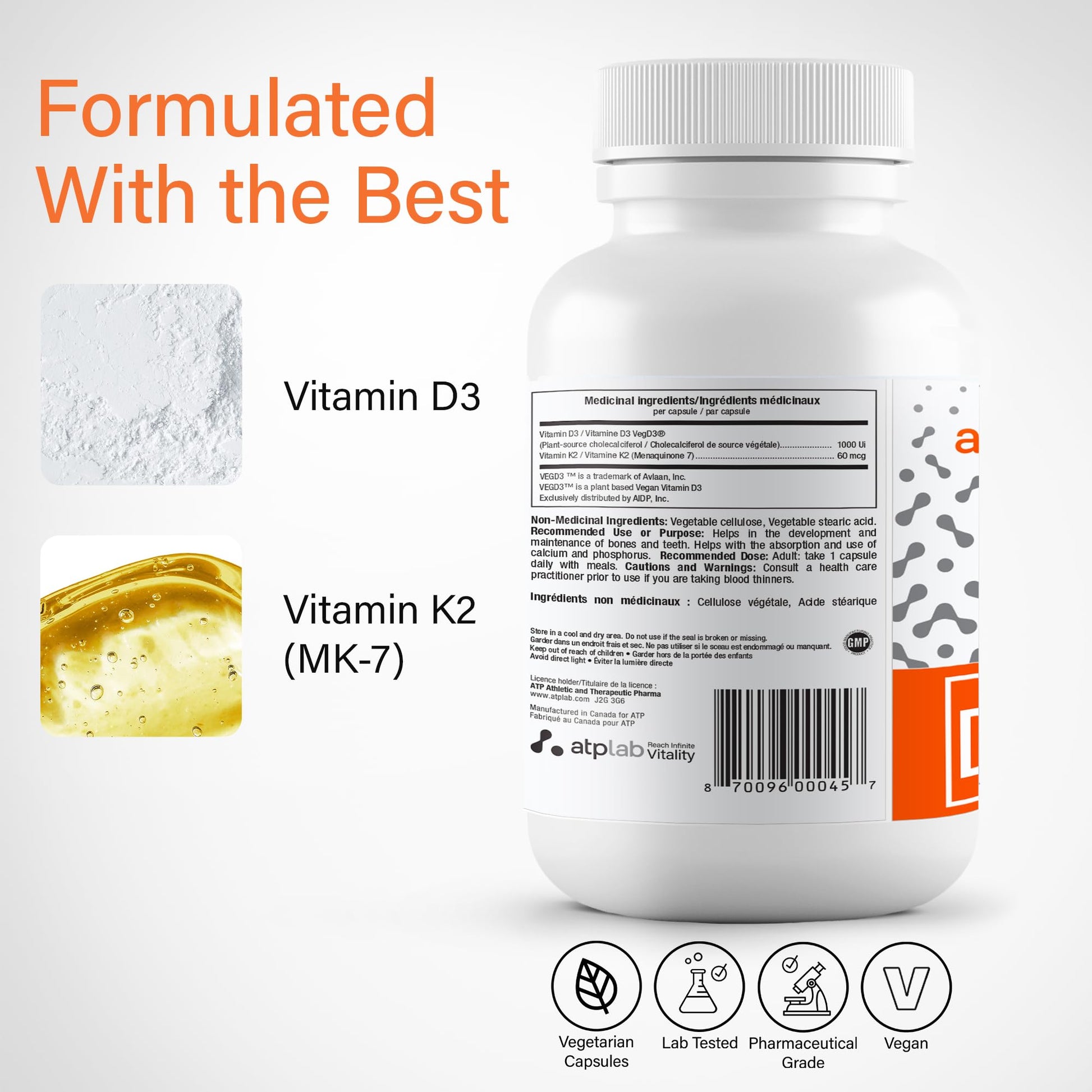 ATP LAB Vitamin D3K2 Supplement - 60 Vegetarian Capsules - 60 Day Supply - Plant-Based K2 MK-7 60 mcg & D3 1000 IU - Supports Bone & Teeth Health - Available at All In One Marketplace Canada