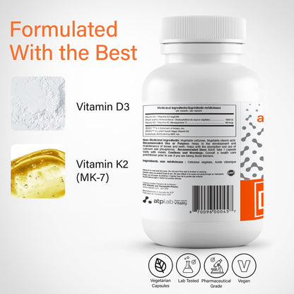 ATP LAB Vitamin D3K2 Supplement - 60 Vegetarian Capsules - 60 Day Supply - Plant-Based K2 MK-7 60 mcg & D3 1000 IU - Supports Bone & Teeth Health - Available at All In One Marketplace Canada