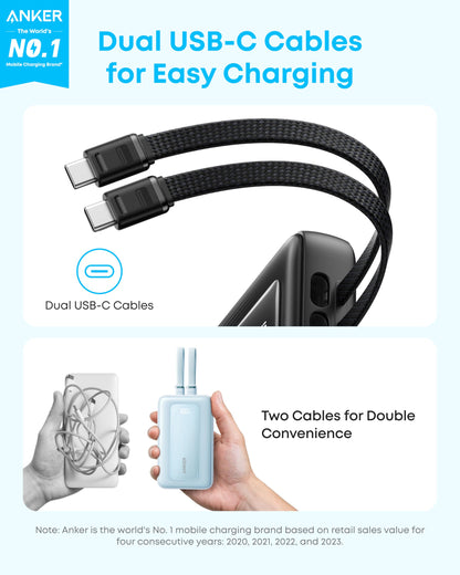 Anker Zolo Power Bank, 20,000mAh 45W Max Fast Portable Charger with Built-in USB-C Cable, USB C&A, 40W Battery Pack for iPhone 17 Series, MacBook, Samsung, and More (Built-in C Cable*2)