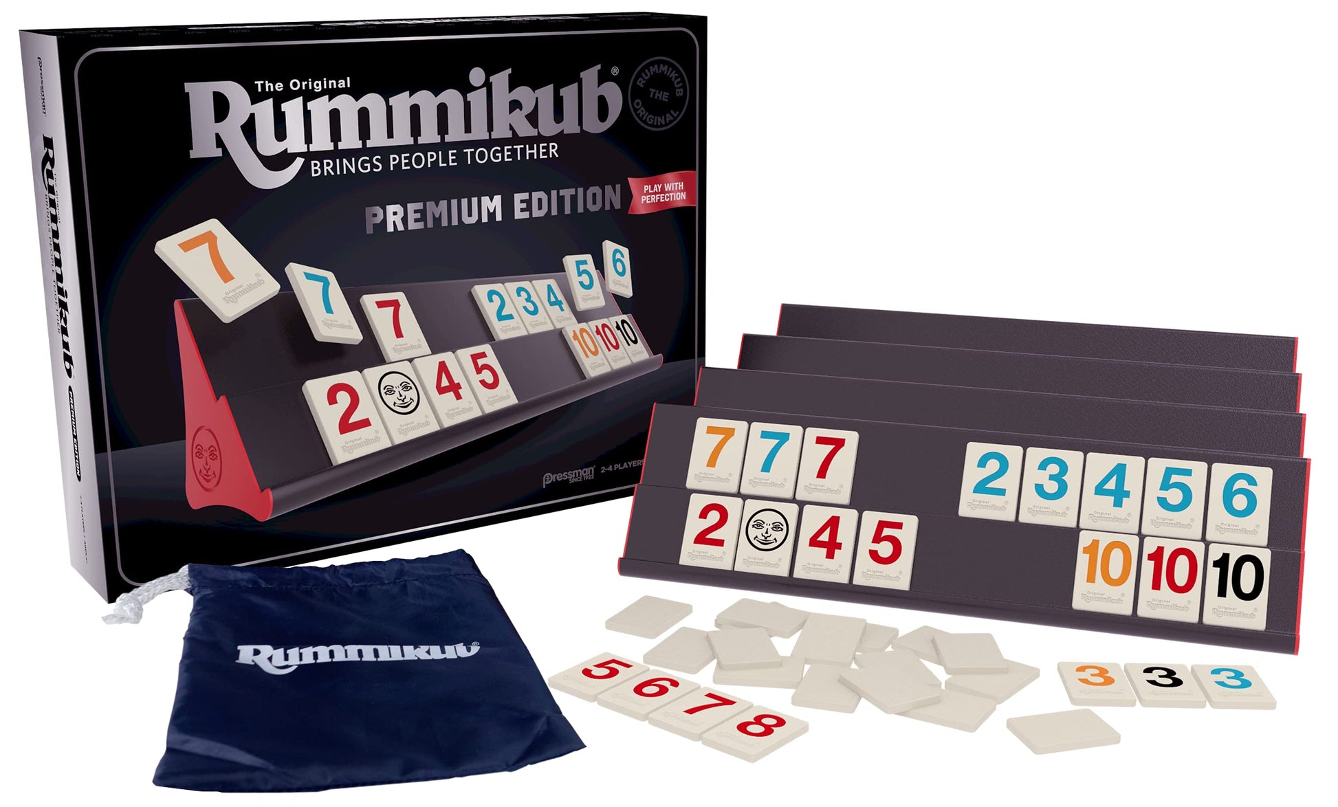 Rummikub Premium Edition - Features Racks - Large Number Engraved Tiles and a Storage Bag for the Ultimate Rummikub Experience Pressman