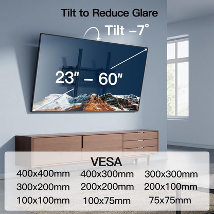 PERLESMITH Tilting TV Wall Mount for 23-60 Inch Flat Curved TVs, Low Profile Tilt TV Mount up to 115 lbs, Wall Mount Bracket Fits 8″/16” Wood Studs, Max VESA 400x400mm, PSMTK1