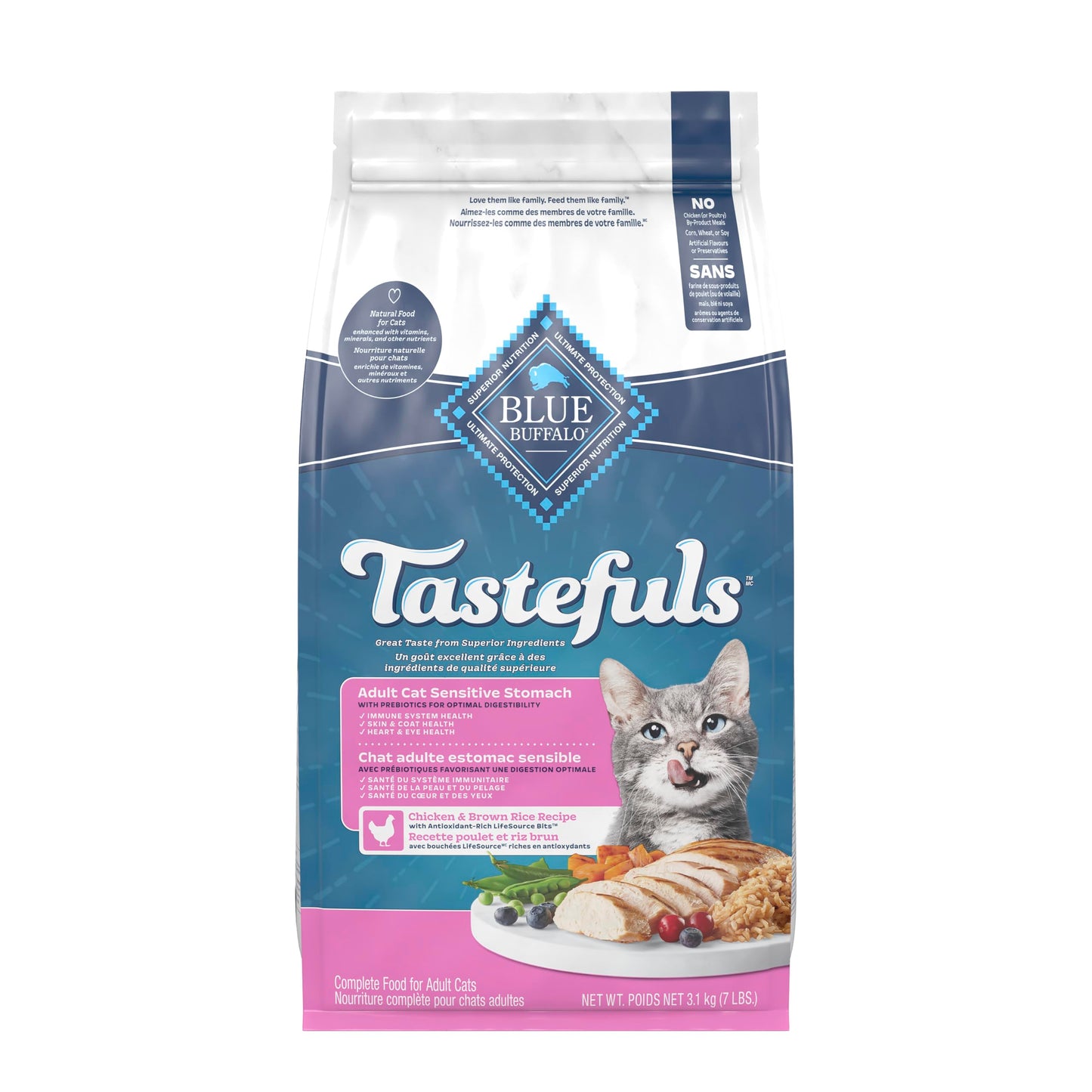 Blue Buffalo Tastefuls Chicken & Brown Rice Recipe Sensitive Stomach Adult Dry Cat Food, Real Chicken First, Deliciously Healthy Natural Cat Food, Natural Ingredients, Supports Digestion, 3.1kg Bag