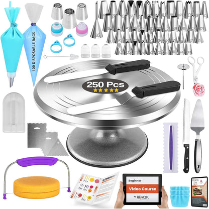 RFAQK 250 PCs Aluminum Cake Decorating Kit with 12" Cake Turntable - 48 Numbered Piping Tips and Piping Bags -Russian Tips -Scrappers -Cake Leveler -Straight & Angled Spatula & Other Baking Supplies 🍁 All In One Marketplace Canada
