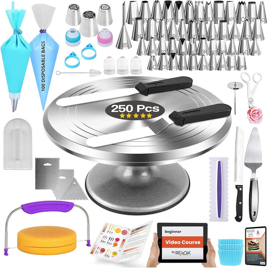RFAQK 250 PCs Aluminum Cake Decorating Kit with 12" Cake Turntable - 48 Numbered Piping Tips and Piping Bags -Russian Tips -Scrappers -Cake Leveler -Straight & Angled Spatula & Other Baking Supplies 🍁 All In One Marketplace Canada