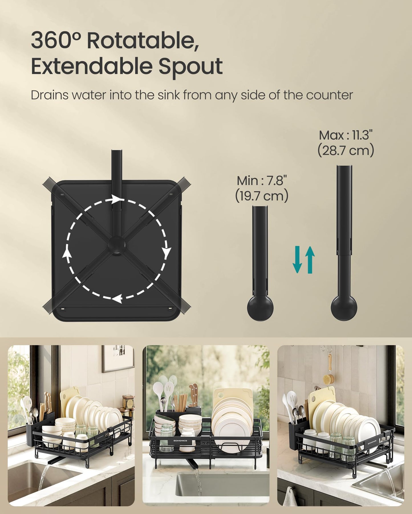 SONGMICS Dish Drainer Rack, Large Extendable Draining Board Rack for Small Spaces, 360° Rotating Extendable Spout, Kitchen Sink Drainer, Steel, 46.5 x 29.6 x 14 cm, Ink Black KCS556BH01 SONGMICS